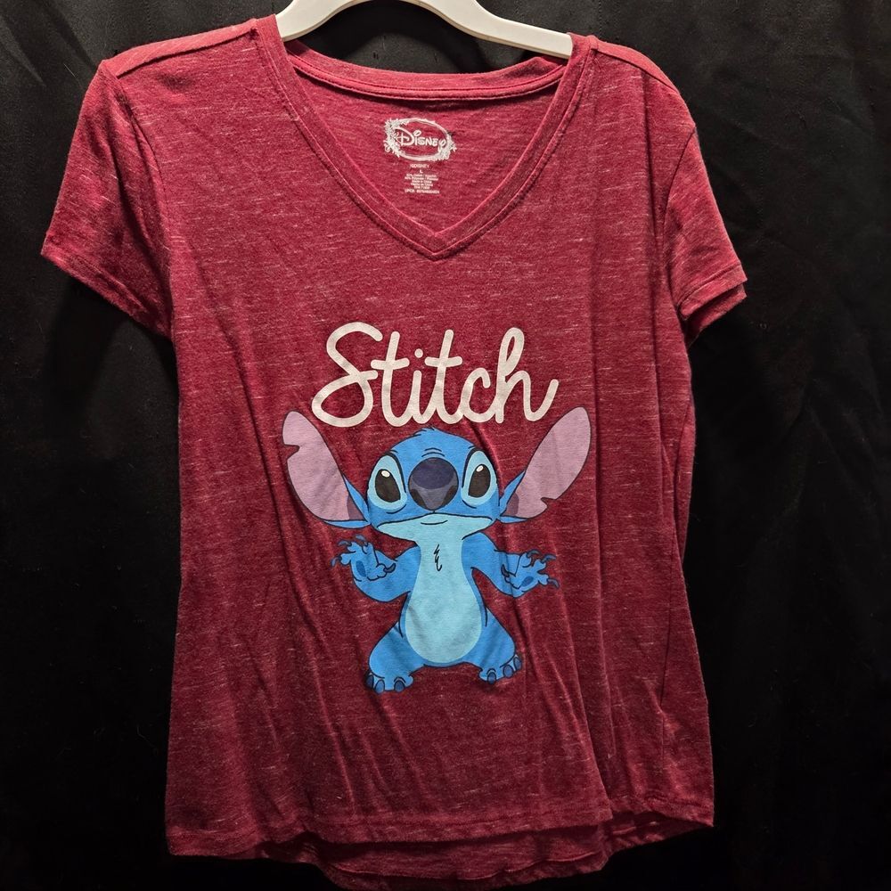 Disney Lilo & Stitch V-Neck T-Shirt Women's Large Maroon Burgundy Graphic Tee